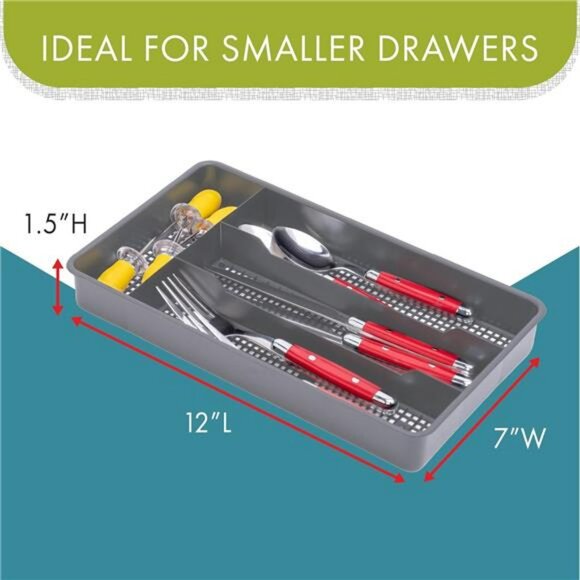 Small Silverware Tray Kitchen Utensil Drawer Organizer Grey Plastic Cutlery Hold - Picture 2 of 6